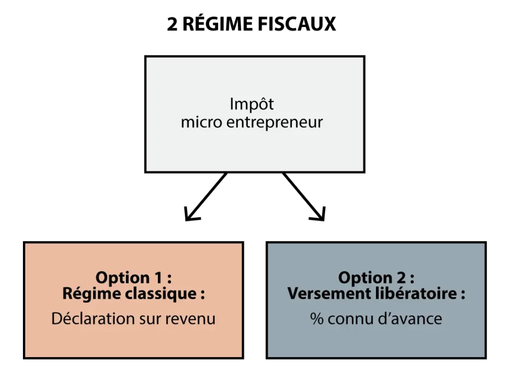 2 régimes fiscaux s'offre au micro entrepreneur pour l'impôt. Option 1, le régime classique soit la déclaration sur revenu. Option 2, le versement libératoire, soit le pourcentage et connu d'avance. Explication plus en détaille dans la suite de l'article